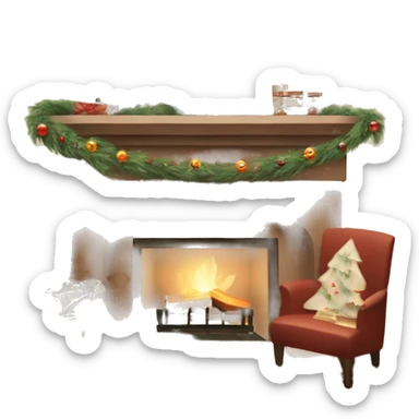 Create a vintage-style Christmas Genomoji featuring muted colors, soft lights, and a cozy fireplace. Include stockings hanging on the mantle and a decorated Christmas tree with retro ornaments. sticker
