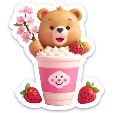 pastel 3D iOS style milkshake cup with a straw, smiling bear peeking out, two strawberries, cherry blossom flowers, soft shadows, minimal look sticker