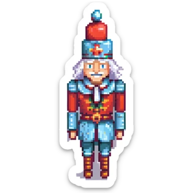 profile picture of a nutcracker toy, minimalist human, pixel-inspired style, white hair, visible teeth, classic nutcracker hat sticker