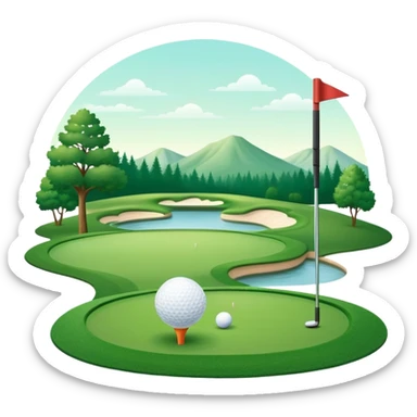 A golf ball on a tee with a golf club placed beside it, set against the backdrop of a well-manicured green golf course. The scene emphasizes the equipment and serene atmosphere of the sport, with soft lighting and a peaceful, open landscape sticker