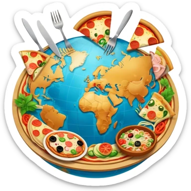 Icon for Gastronomic Tourism: a globe with various cuisines from around the world, such as pizza, sushi, tacos, and pasta, surrounded by food-related travel elements like a fork, knife, and map. Transparent background. sticker