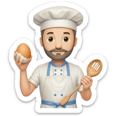 Middle aged male pastry chef - with a small beard, apron, white hat, holding an egg beater in his right hand, and his left hand naturally hanging down to his side sticker