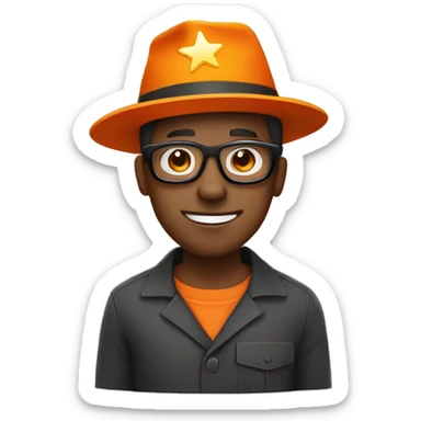 An african american man in an orange jumpsuit with black glasses and a star on his orange hat. sticker