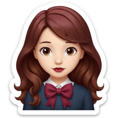 girl wavy long brown hair with a burgundy bow sticker