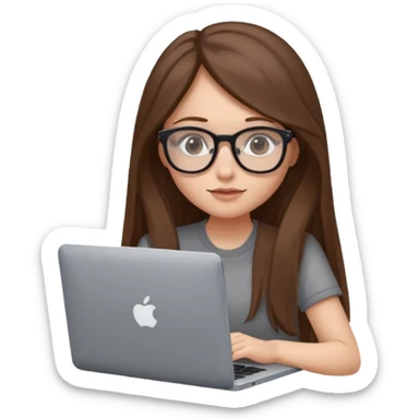 Girl in glasses,brown long hair, sitting with gray MacBook sticker