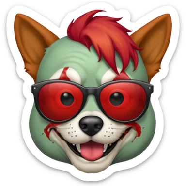 Zombie dog with sun glasses and red hair and joker nose sticker