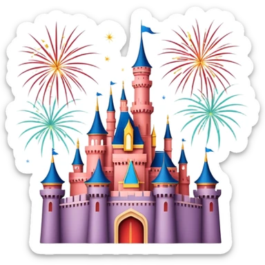 Shanghai Disney Castle with fireworks, simplified emoji style with bold outlines and bright colors, cartoon style fairy tale castle sticker