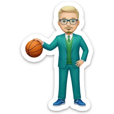 Full Body white male plus size wearing glasses with a goatee with light blonde and gray very short hair happy basketball head Coach in blue and green suit sticker