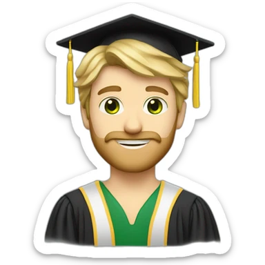 one blonde, bearded, green-eyed, male teacher wearing a graduation hat sticker
