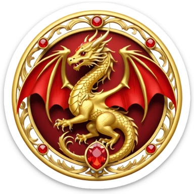 Golden Dragon with wings crest/brosch in a circle with red gems sticker