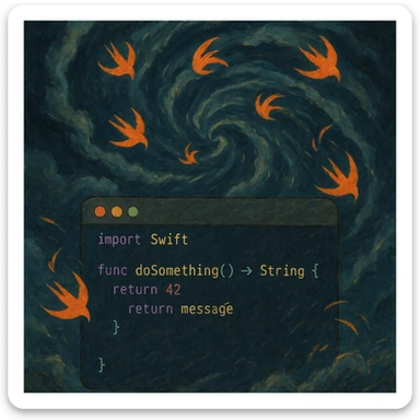 ghibli style illustration of a stormy code editor with swirling Swift symbols sticker