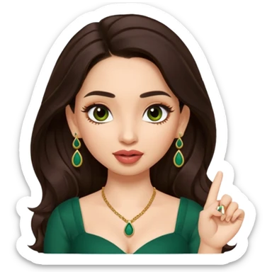pretty bratz genmoji that looks like tamannah bhatia (bollywood actress), wearing a dark green sweetheart neckline top, dark brown hair, light makeup, no necklace, dangly earrings, side hair part, fair. dark brown eyes, long hair

Show her licking her finger  sticker