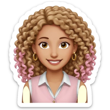 mujer un poco morena (no demasiado), pelo rizado largo, sonriendo, con ojos grandes y marrones con camisa rosa palo y un chaleco blanco y aretes dorados en forma de circulo en sus orejas  sticker