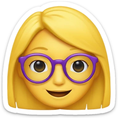 un emojis amarillo, con el cabello corto,lacio y negro, con lentes violeta y una sonrisa sticker