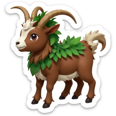 A kid riding on gogoat the quadrupedal, goat-like Pokémon with a brown, furry body and a leafy, green mane that extends down its back. It has large, black, curved horns, white fur on its face, a black nose, and red eyes. Its legs are shorter and lighter in color around the feet, back sticker
