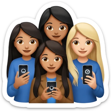 3 brown girl friends with a phone on their hand, one with black long hair, one with brown hair long and the other one with black and blonde hair,  sticker