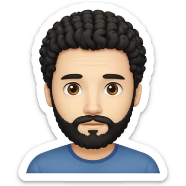 This is a cartoon-style avatar of a man with curly black hair, a beard, and a calm expression sticker