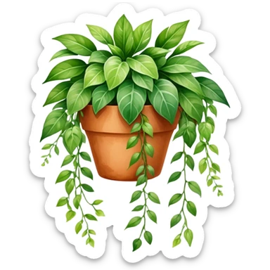 A vibrant hanging plant in a terracotta pot, painted in soft watercolor strokes with detailed leaves cascading down. sticker