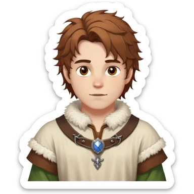 medieval spring outfit worn by a DnD themed fantasy male character. cotton tunic with sleeves rolled to the elbow, featuring a light fur-lined collar for chilly mornings. clothes only above the waist. The clothes full waist. The character's haven't arms. character is white-skinned, chestnut brown hair, amber eyes, shoulder-length messy hair. sticker