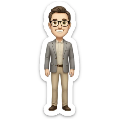 Joyful Full height Pale skinned Fit Man With dark brown hair in gray jacket, beige office shirt, Brown pants and vintage glasses. His thrumbs up sticker