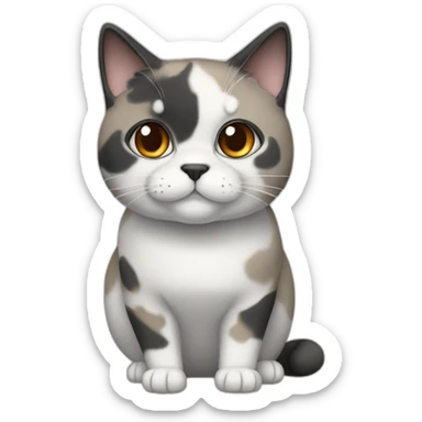 senior fat diluted calico cat, white chin, black nose, grey ears, grey and white sticker