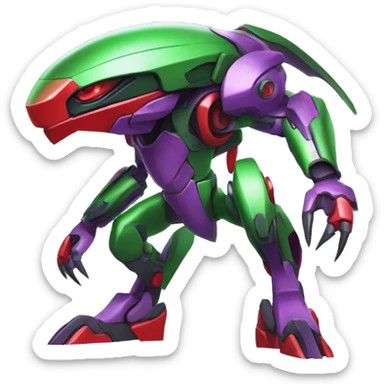 a shiny purple-green-red Genesect-Raptor-Fakémon—hybrid with a futuristic visor-helmet full body sticker