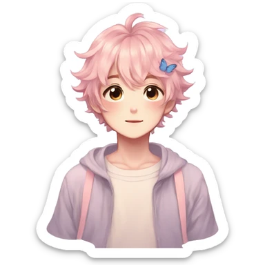 Gorgeous pastel anime style boy with blushing face and butterflies aesthetic trending style sticker