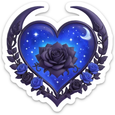 gothic heart made of midnight blue glass with a silver crescent moon, tiny black roses, shimmering stardust, swirling galaxy background, magical glowing aura sticker