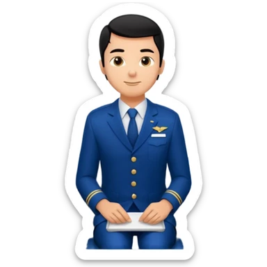 A  male courteous flight attendant checking seat rows with a polite, attentive posture. sticker