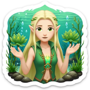 elf female legolas wading in shallow tide pool, palm emitting soft green light to heal glowing coral, practical open vest over bare chest, determined gaze, pointy ears, vibrant underwater plants, centered emoji, nature guardian summer sticker