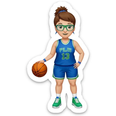 Full Body plus size white female basketball player with short medium brown hair with carmel highlights spike hair wearing blue glasses 
 wide nose wearing blue green uniform  green sneakers smiling  sticker