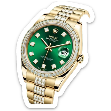 A imagem mostra um Rolex Datejust "Iced Out", totalmente coberto por diamantes na caixa, luneta e pulseira Jubilee. O mostrador também é cravejado (estilo pavé), apresentando algarismos romanos pretos e a lente de data Cyclops. O relógio é exibido em sua caixa oficial verde e bege. sticker