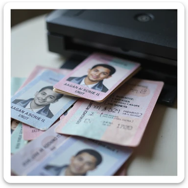 realistic thumbnail image for a passport photo printing service, showing a printer and many passport photos, with one photo in the front clearly highlighted and separated from the rest sticker