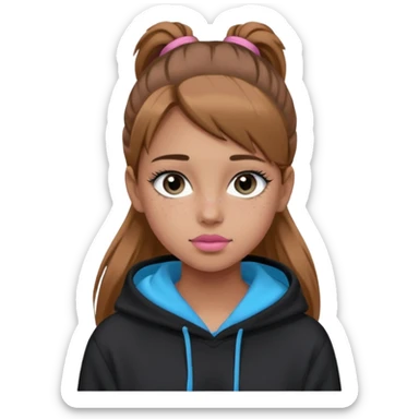 Create a teenage girl with straight light brown hair pulled into a ponytail, tan skin, light freckles, and blue-grey eyes. She will have pink lips and long black eyelashes. She will be wearing a big black hoodie. sticker
