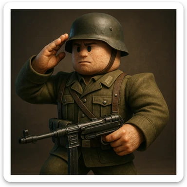 World War II soldier inspired by Roblox style, realistic skin texture, saluting and holding an MP40 submachine gun sticker