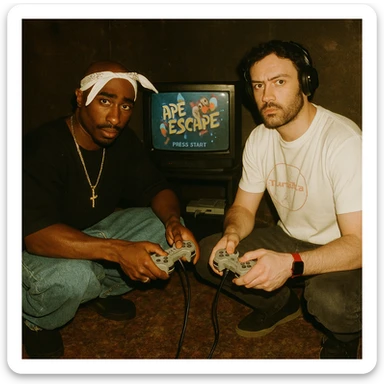 Create a grunge analog shot featuring a rapper in Tupac style (not recognizable) and the boy from the reference photo sitting on the floor. There is a 90s CRT TV with Ape Escape on Playstation 1 in a dimly lit room. Both hold Playstation 1 controllers and look at the camera with flash, creating a retro atmosphere. sticker