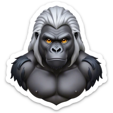 Cinematic Noble mountain Gorilla Portrait Emoji, Poised and majestic, with a powerful, muscular frame accentuated by a distinguished silver mane and piercing, wise eyes, Simplified yet sharp and sophisticated features, highly detailed, glowing with a soft, regal jungle glow, high shine, intelligent and commanding, stylized with an air of imperial strength, focused and resolute, soft glowing outline, capturing the essence of a watchful guardian that feels as though it could step out of the screen with effortless authority! sticker