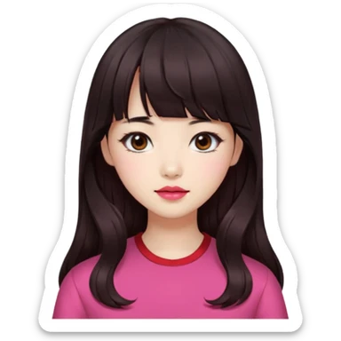 Korean girl, red top, black brown hair, brown eyes, long wavy hair, aesthetic, long hair, hime cut, blunt bangs, pink girl sticker