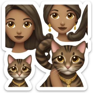 Beautiful skinny woman long dark brown hair in dark dress with gold earrings hug bengal cat sticker