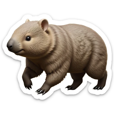 cinematic-stout wombat-realistic-full-body-waddling-emoji,-stout-muscular-frame-covered-in-coarse-brown-fur,-short-powerful-legs-trotting-determinedly-through-bushland,-round-dark-eyes-filled-with-calm-confidence,-tiny-rounded-ears-twitching-slightly,-strong-digging-claws-visible-on-sturdy-paws,-simplified-yet-realistic-focused-features,-highly-detailed,-glowing-with-a-subtle-earthy-glow sticker