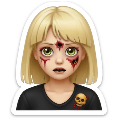 create a emoji zumbi girl with blonde hair and bangs, black clothes anf hazel eyes sticker