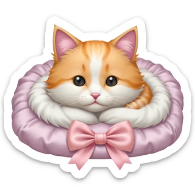 light orange and white kitten with a satin pink bow sleeping on a satin white cat  ed sticker