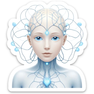minimalist human figure with luminous cores at head and heart, delicate lines and orbs forming a neural web, soft white-blue light sticker
