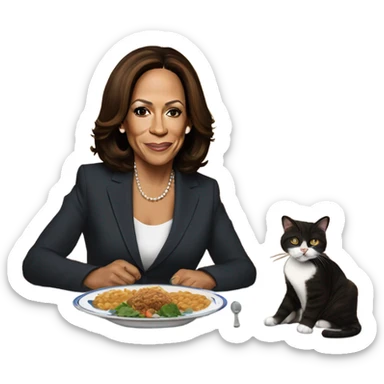 Kamala Harris sitting a a table. There is a plate on the table with a sleeping cat. Kamala has silverware in her hand and her mouth is watering sticker