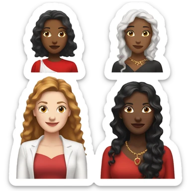 White woman with long brown hair and black woman with long black hair wearing red and crowns sticker