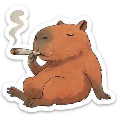 a capybara lounging and smoking a hand-rolled weed joint, playful, ghibli style sticker