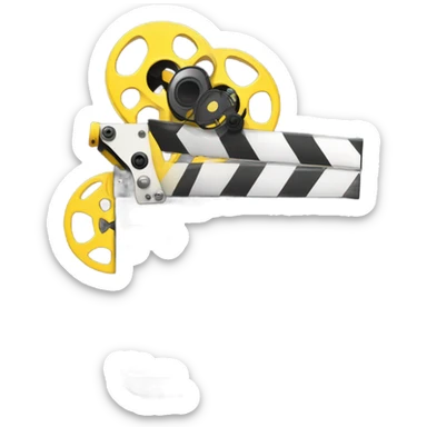 A black and yellow film reel, clapperboard, and movie camera. sticker