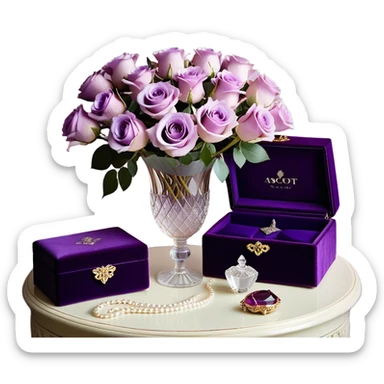 A romantic still life featuring a bouquet of freshly bloomed light violet Ascott tea roses arranged in a crystal vase, accompanied by a deep purple velvet jewelry box partially opened, revealing a pearl necklace inside. A gentle lavender butterfly flutters near the flowers, adding a dreamy touch. An elegant ivory silk ribbon is loosely draped around the arrangement, leading towards an ornate vintage-style perfume flacon in soft pearlescent tones, radiating an air of timeless sophistication sticker