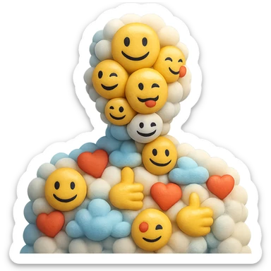 person composed entirely of volumetric emoji clouds, shoulder view, looking straight ahead sticker