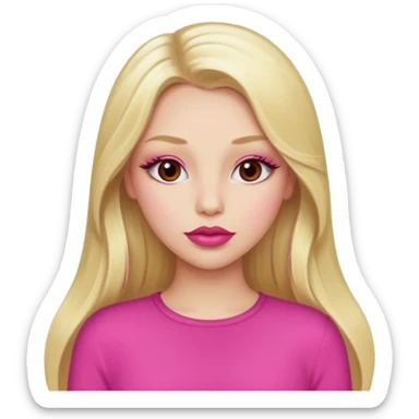 a girl with long eyelashes a pink outfit, long blonde hair, and big lips with red lipstick sticker